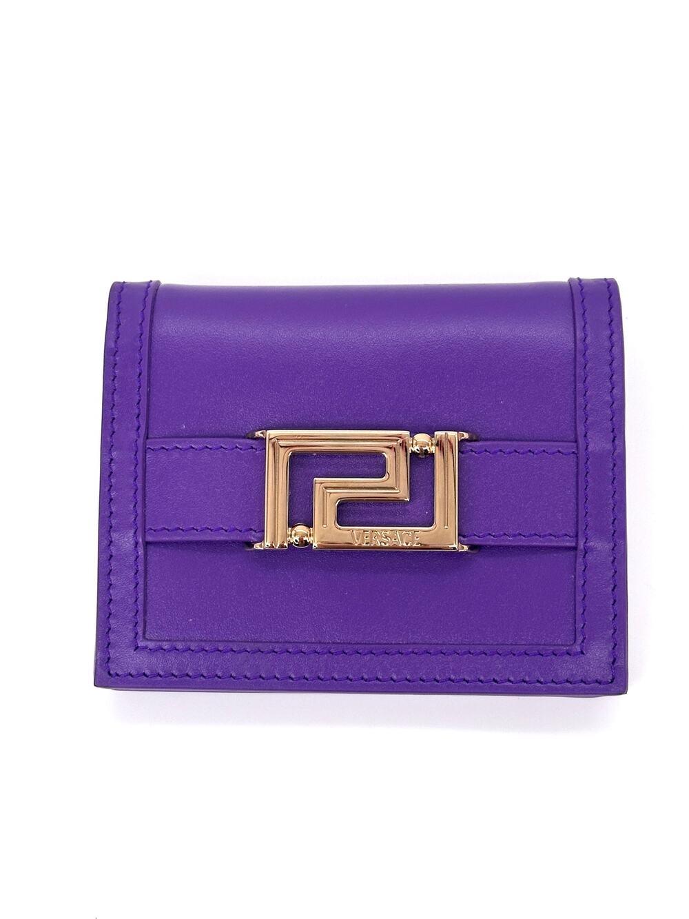 NIB Versace Goddess Greca Logo Purple Leather Bi Fold Wallet $625